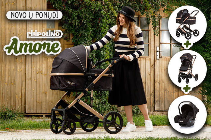 kolica za bebe u crnoj boji za zlatnom ramom i crnim točkovima