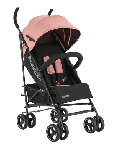 Kikkaboo Beetle baby pushchair in pink color with a black frame and four double wheels.